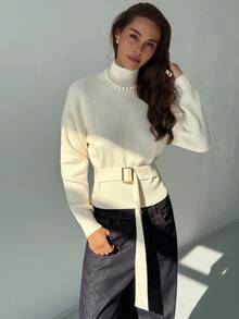 Aloruh Women's Autumn/Winter New Ribbed Knit Turtleneck Sweater, Slim Fit Long Sleeve Pullover With Belt Decor, Minimalist Everyday Versatile Knitwear - Beige - View 3