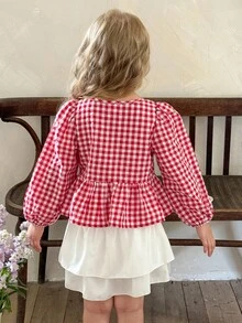 LMoss Kids 女童 LMoss 编织条纹泡泡袖休闲衬衫，红色衬衫，圣诞节，长袖上衣 - 紅白色 - 查看 2