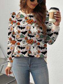 EMERY ROSE Plus Size Halloween Ghost, Pumpkin & Bat Print Raglan Long Sleeve Sweatshirt Pullover Fall Winter Autumn - Multicolor - View 4