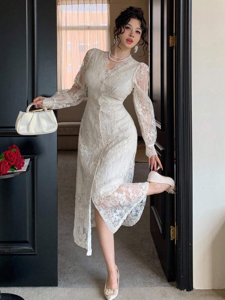 Vestido de fiesta elegante de longitud media con cuello en V, mangas abullonadas y encaje para mujer, vestido de graduación de otoño de largo maxi - Albaricoque - Ver 6