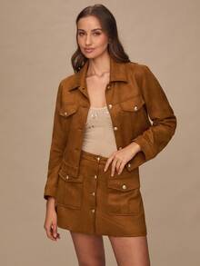 Enchnt Women's Brown And Gold Single-Breasted Cargo Pocket Mini Skirt,Elegant Fashionable Autumn Fall Clothes For Daily Commute,Date,Holiday,Office& - Brown - View 8