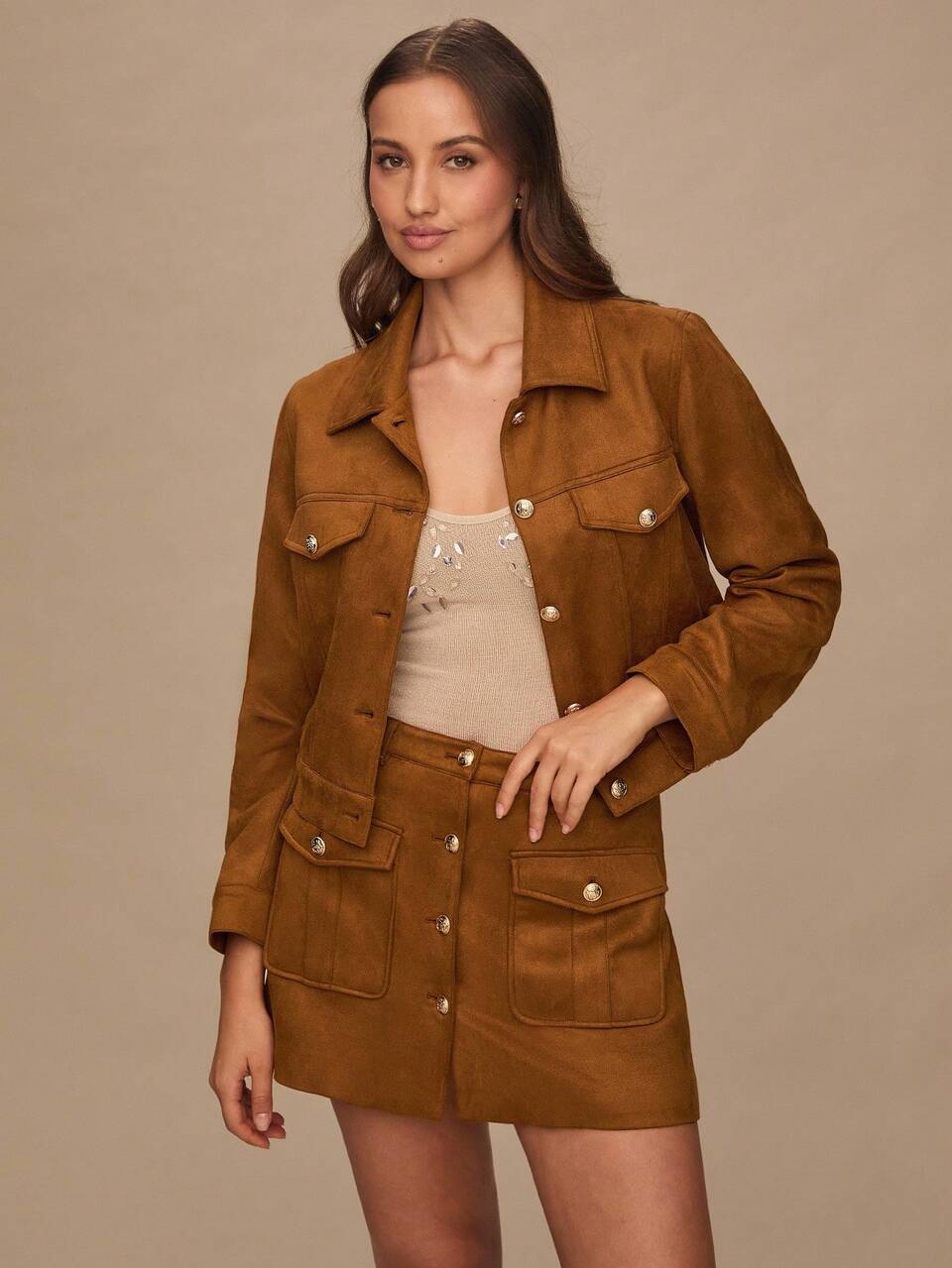 Enchnt Women's Brown And Gold Single-Breasted Cargo Pocket Mini Skirt,Elegant Fashionable Autumn Fall For Daily Commute,Date,Holiday,Office