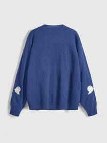 ROMWE Fairycore Áo len cardigan thêu hình bí ngô, ma, mặt trăng cỡ lớn dành cho nữ phong cách Halloween Cottagecore - Màu xanh lam - Xem 4