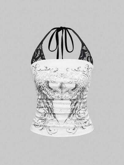 J-Fashion Top sin mangas de 2 en 1 con contraste de encaje y estampado de esqueleto estilo punk Y2K