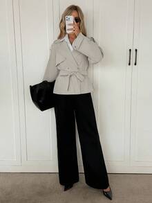 SHEIN LUNE Cappotto da donna grigio chiaro minimalista con revers, spalline e fiocco in vita, elegante giacca formale da ufficio per autunno e inverno, chic colore unito - Grigio - Visualizzare 6