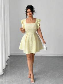 Elenzga Elegant Jacquard Ruffle Hem Dress In Light Yellow Centella