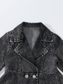 Elladie kids 少女款喇叭下摆长款及膝牛仔外套，水洗黑色牛仔布，复古时尚休闲度假风，百搭大翻领设计，秋冬款