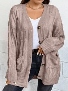 EURMUSE Cárdigan informal de talla grande de unicolor con bolsillos dobles, otoño/invierno - Rosa vieja - Ver 7