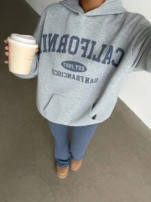 SHEIN Glowzi 青少年女孩两件套，碎花灰蓝色，休闲百搭，宽松长袖运动衫和喇叭裤，返校，干净女孩，运动服 - 灰色 - 查看 2