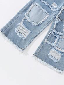 年轻女孩休闲时尚舒适学院风松紧腰刺绣做旧阔腿牛仔裤 - 淺色水洗藍 - 查看 7