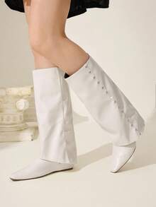 CUCCOO CHICEST Women's Fashionable Versatile Solid Color Knee-High Boots - White - View 8