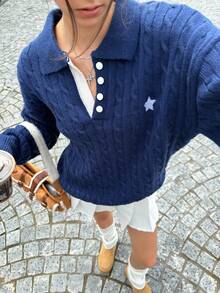 Jouncy Women's Casual Loose Fit Pentagram Pattern Polo Collar Long Sleeve Sweater, Autumn - Royal Blue - View 2