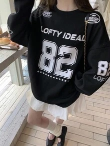 DAZY 女士休闲宽松字母印花长袖运动衫，街头风格韩国时尚秋冬 - 黑色 - 查看 9