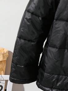 SHEIN Kids/Tween Boys' Casual Versatile Sports Black & White Ribbon Patchwork Thick Hooded Zip-Up Long Sleeve Winter Coat, Parka Coat Suitable For Commuting, School, Casual, Travel, Sports, Autumn/Winter, Teen Boys Winter Jacket, Boys Black Puffer Jacket Fall - Black - View 5