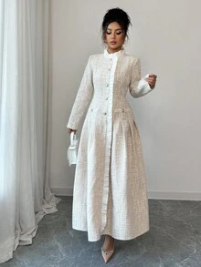 SHEIN Elenzya 女士优雅圆领荷叶边装饰修身百褶腰修身长裙，适合日常办公、下午茶、温柔淑女风、秋季 - 杏色 - 查看 5