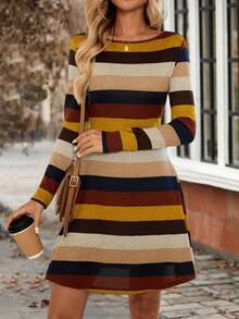 EMERY ROSE Women's Casual Colorblock Striped Mini Dress,Golden Yellow Autumn Long Sleeve Earth Tone Outfits,90s Retro School Back-To-School Halloween Costume - Multicolor - View 6