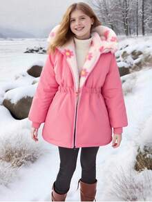 SHEIN 1 件女童豹纹双面蓬松长袖风衣夹克，适合秋冬季 - 粉色 - 查看 3