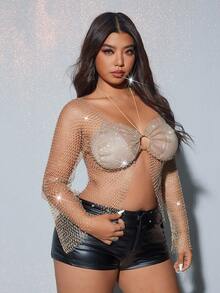 Viva Relle Plus Size Sexy Shiny Rhinestone Mesh Long Sleeve Top, Suitable For Party And GatheringValentine's Day - Gold - View 5