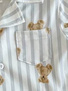 2pcs Baby Boy Cute Bear Print Grey & White Striped Long Sleeve Top And Pants Elegant Comfortable Pajama Set Bear Pajama Set Kids Pajama Set Baby Boy Pajama Set Toddler Pajama Set Fall Winter Cute Bear Pajama Set Striped Bear Print Pajamas Baby Boy Sleepwear Striped Sleepwear Set Cute Bear Print Pajamas