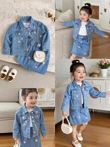 Elladie kids 女婴两件套牛仔套装，秋冬新品，可爱俏皮风格，时尚修身，牛仔蓝水洗牛仔外套和裙子套装，彩色花卉刺绣，适合外出和新品 - 中等水洗藍 - 查看 9