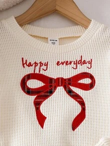 Genkimix Kids 女童可爱红色格子蝴蝶结上衣和阔腿格子裤套装 - 杏色 - 查看 6