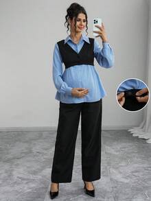 Momance Bộ 2 áo sơ mi và quần sọc thường ngày cho bà bầu - Nhiều màu - Xem 1