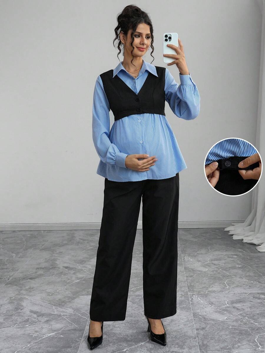 Momance Bộ 2 áo sơ mi và quần sọc thường ngày cho bà bầu - Nhiều màu - Xem 1