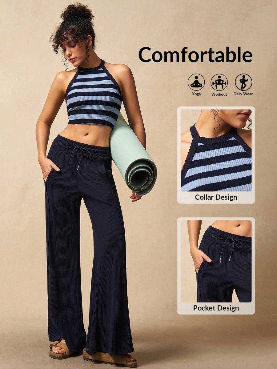 VARSIVA 女士健身套装 女士条纹短款露背上衣和纯色长裤运动套装 - 彩色 - 查看 1