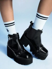 Sugerpunk Giày bốt cao gót đế vuông phong cách Gothic, khóa kim loại, đế PU màu đen, thích hợp cho tiệc tùng, mặc hàng ngày, mặc váy dạ hội, tăng chiều cao và kéo dài chân - màu đen - Xem 5