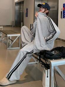 DAZY Women's Casual Contrast Striped Sweatshirt And Pants 2 Pieces Set, Autumn Tracksuits Women Set Lounge Sets For Women