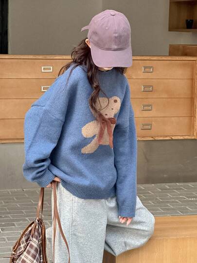 DAZY 超大号泰迪熊提花针织毛衣，青少年甜美风格，秋季