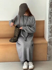 DAZY 少女纯色简约休闲圆领长袖连衣裙 - 灰色 - 查看 4