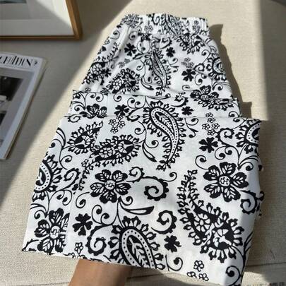 여성용 우아한 전체 빈티지 프린트 캐주얼 스트레이트 레그 팬츠