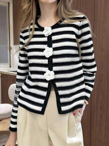 Chiquease Black & White Striped Knit Cardigan, Lightweight Sweater Jacket For Spring/Summer Fall Winter Cloth For Women - Black and White - View 5