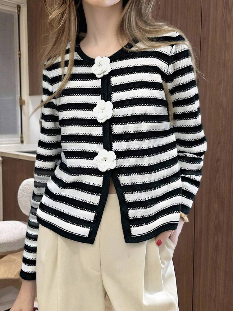 Chiquease 黑白条纹针织开衫，轻薄毛衣外套，适合春夏季 - 黑與白 - 查看 5