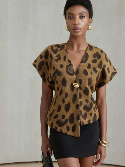 Aveloria Modichic Animal Print Woolen Fabric, Button Decor, Retro Stylish Design, Versatile Commuter Women Vest Top