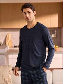Manfinity Underwear&Sleepwear Basics Men's Round Neck Long Sleeve Casual Homewear Top, Fall Sleep Wear, Winter