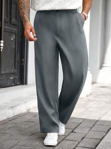 Manfinity CasualCool Plus Size Men's Solid Color Pleated Pocket Wide Leg Loose Casual Pants, For Fall