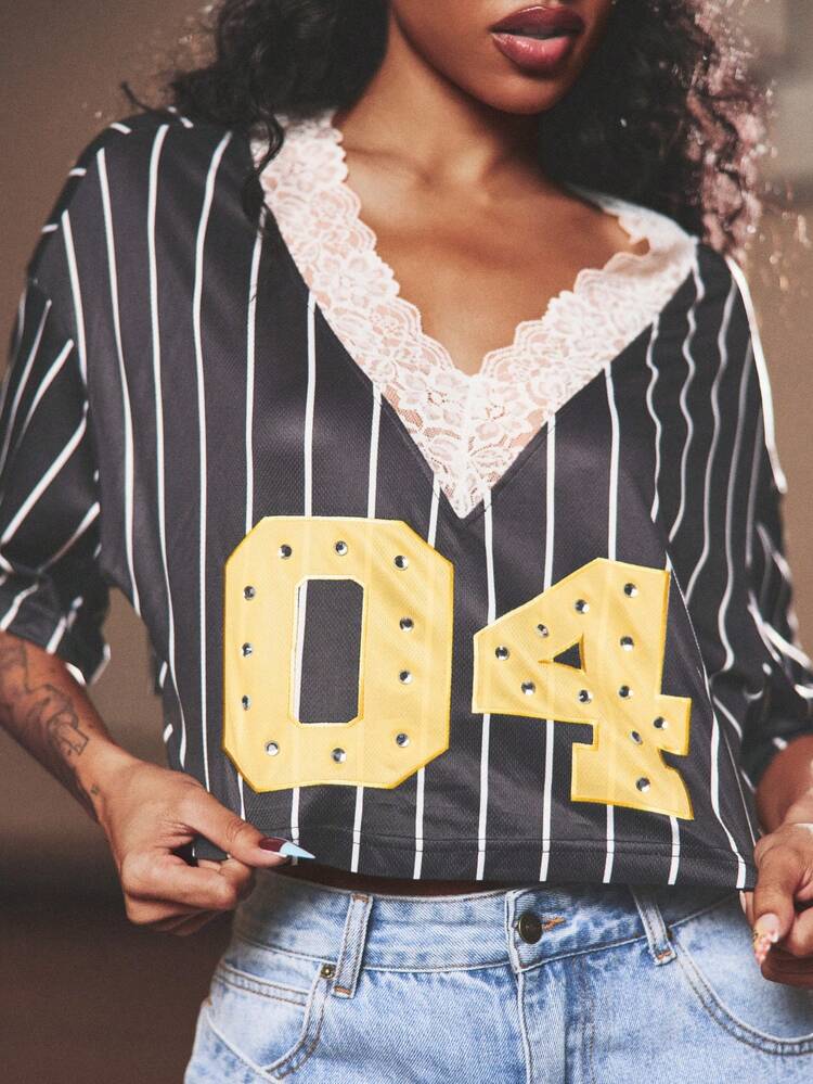 SUMWON WOMEN Striped Baseball Jersey Crop Top With Lace Trim