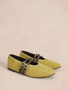 Rosivie 2025 Zapatos de moda de nicho tejidos a mano, nuevos planos de ballet con doble hebilla para mujer - Amarillo - Ver 3