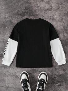 PAVTROS 1 件男童字母和数字拼色长袖 T 恤，运动球衣款式，适合秋冬季、运动、户外、学校