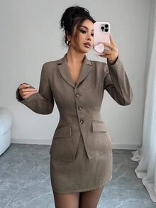 Elenzga Áo khoác blazer nữ dáng ôm thanh lịch, cổ điển, họa tiết kẻ caro, thường ngày - Nhiều màu - Xem 4