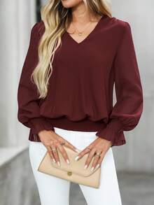 EMERY ROSE 女式纯色褶皱宽松时尚衬衫 - 酒紅色 - 查看 4