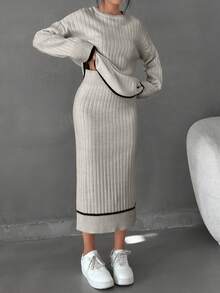 EURMUSE 女士条纹细节毛衣长裙套装 - 米色 - 查看 3