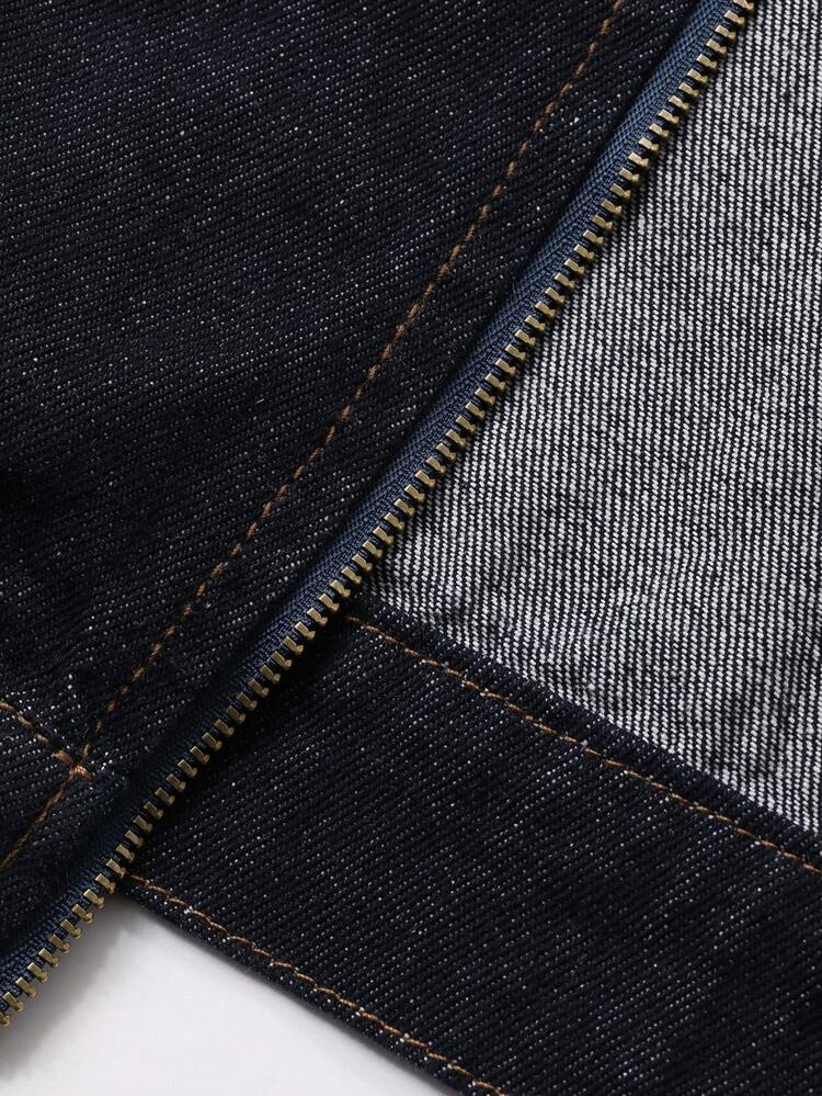 Autumn Patchwork Sleeve Fabric Street Style Letter Embroidery Design Navy Blue Men's Denim Jacket