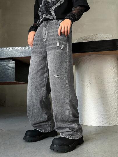 青少年男孩直筒牛仔裤，灰色牛仔布，休闲街头风格，适合户外、学校、日常穿着，舒适，一年四季百搭，宽松版型，松紧腰带，适合外出、就餐、度假，衣橱必备，秋季新品