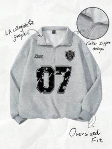 Attitoon 女式宽松半拉链高领羊毛衫，适合秋冬季，数字 07 印花 - 灰色 - 查看 2