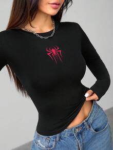 SHEIN PETITE 女士蜘蛛图案高弹针织长袖T恤 - 黑色 - 查看 8