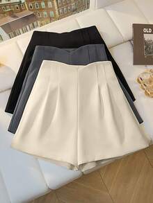 Airaco 优雅高腰拉链阔腿短裤，休闲时尚百褶女短裤 - 杏色 - 查看 3