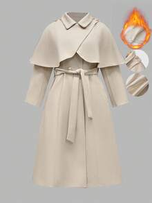 Franclia Manteau enveloppant élégant grande taille avec ceinture à nœud et boucle métallique, ensemble 2 pièces, manteau beige automne/hiver, manteau crème, manteau cape, manteau femme, manteau élégant - Nude - Voir 5